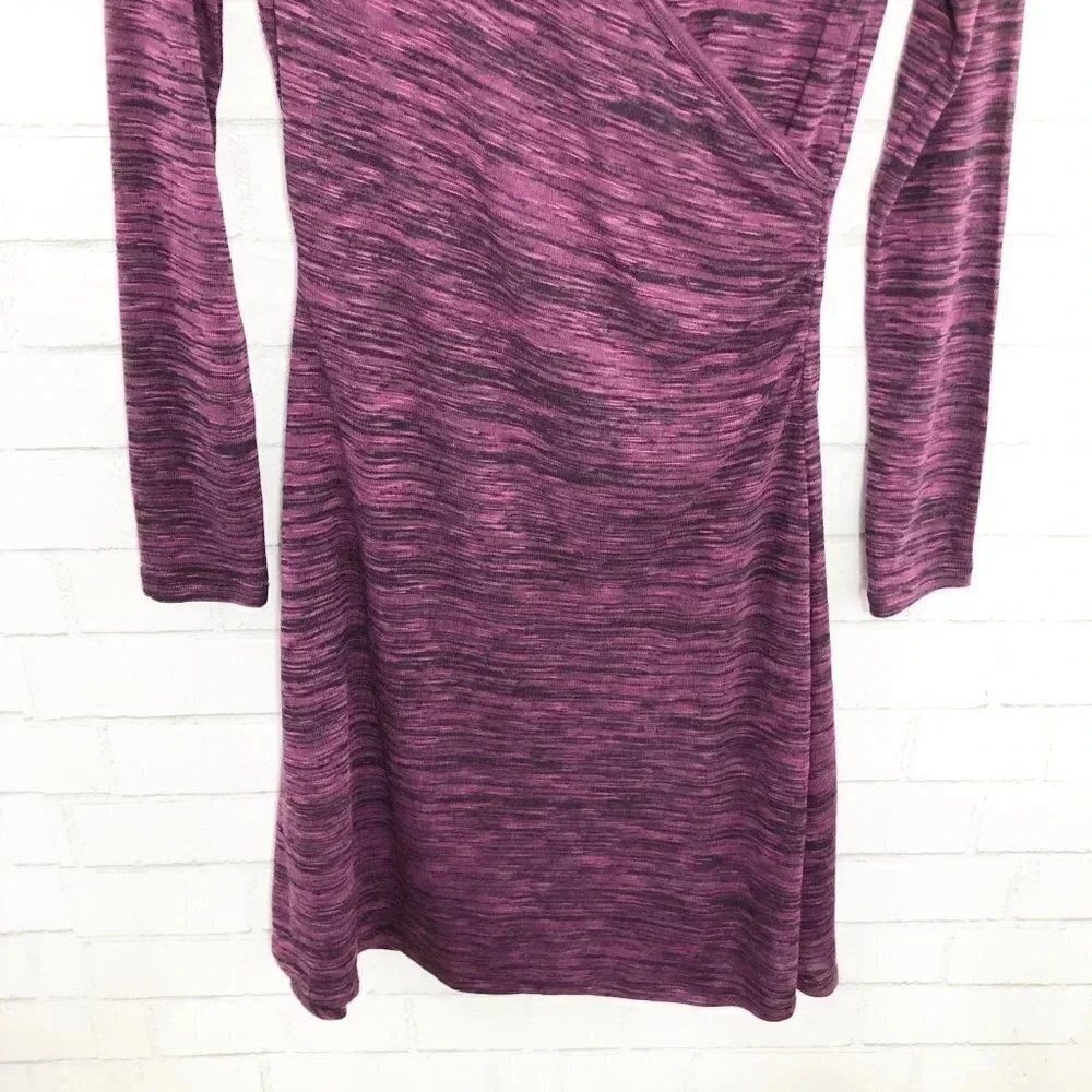 Prana Nadia V Neck Long Sleeve Faux Wrap Dress Purplish Black Space Dye, XS